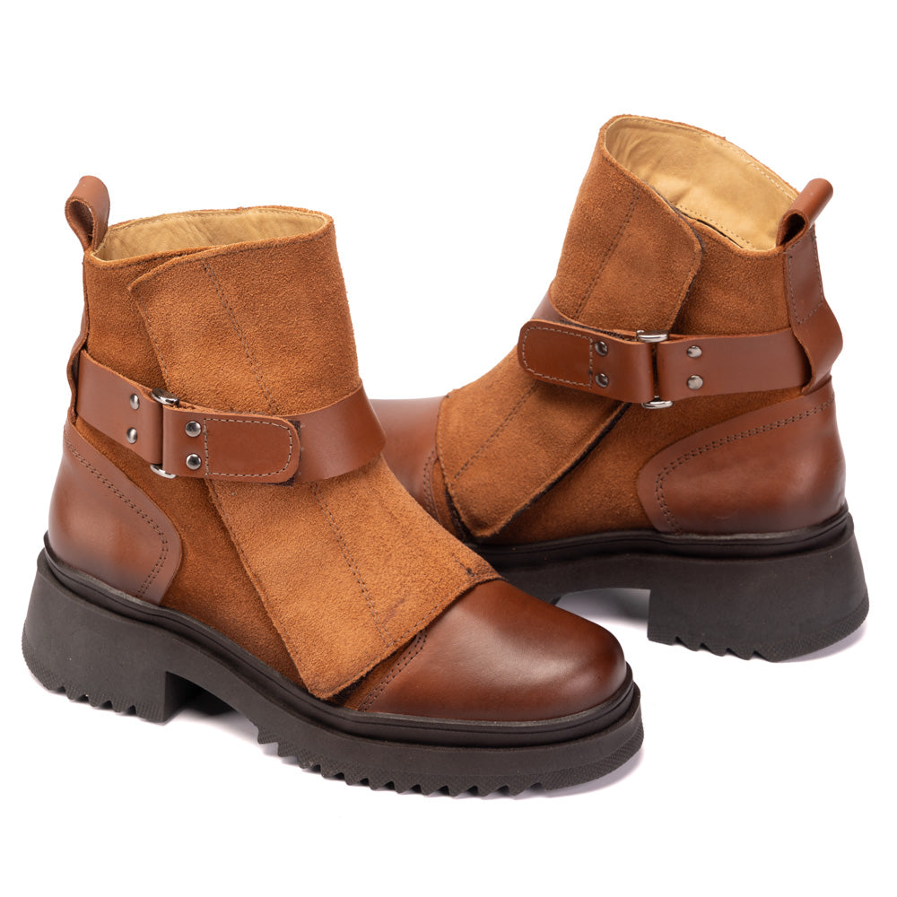 Cognac Ruby Leather and Suede Strap Boots