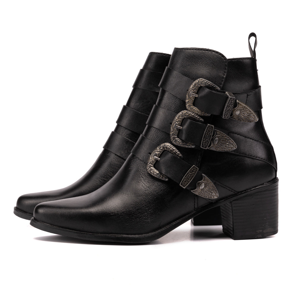 Black Mika Leather Western Buckle Boots
