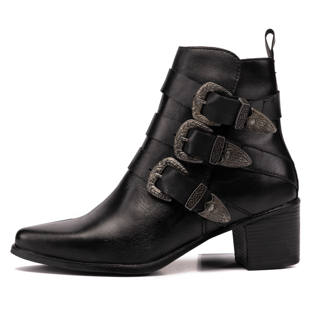 Black Mika Leather Western Buckle Boots