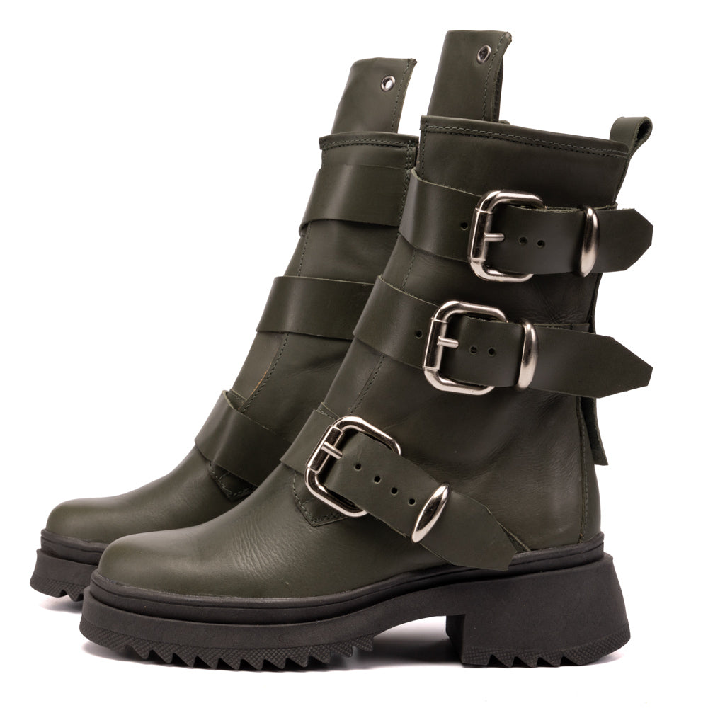 Olive Lauren Buckle Leather Combat Boots