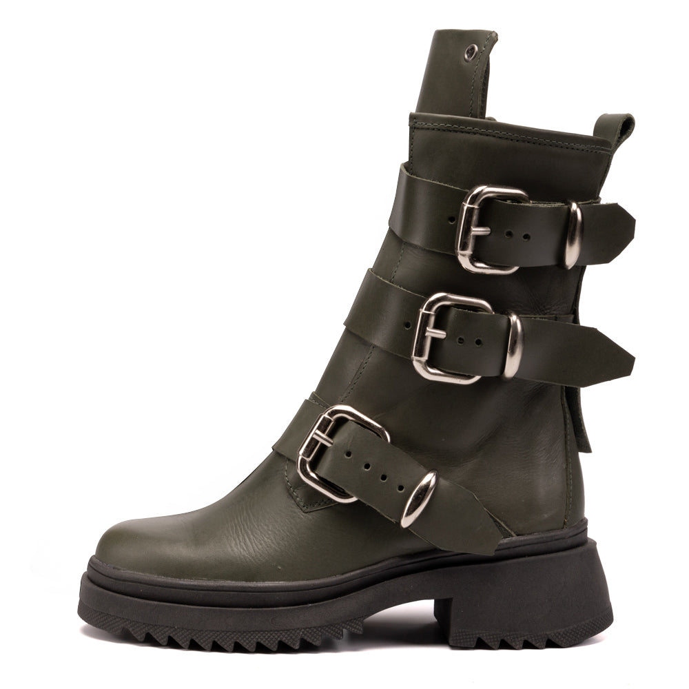 Olive Lauren Buckle Leather Combat Boots