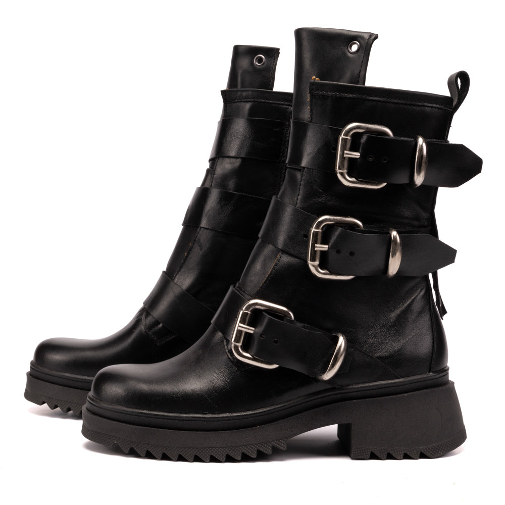 Black Lauren Buckle Leather Combat Boots