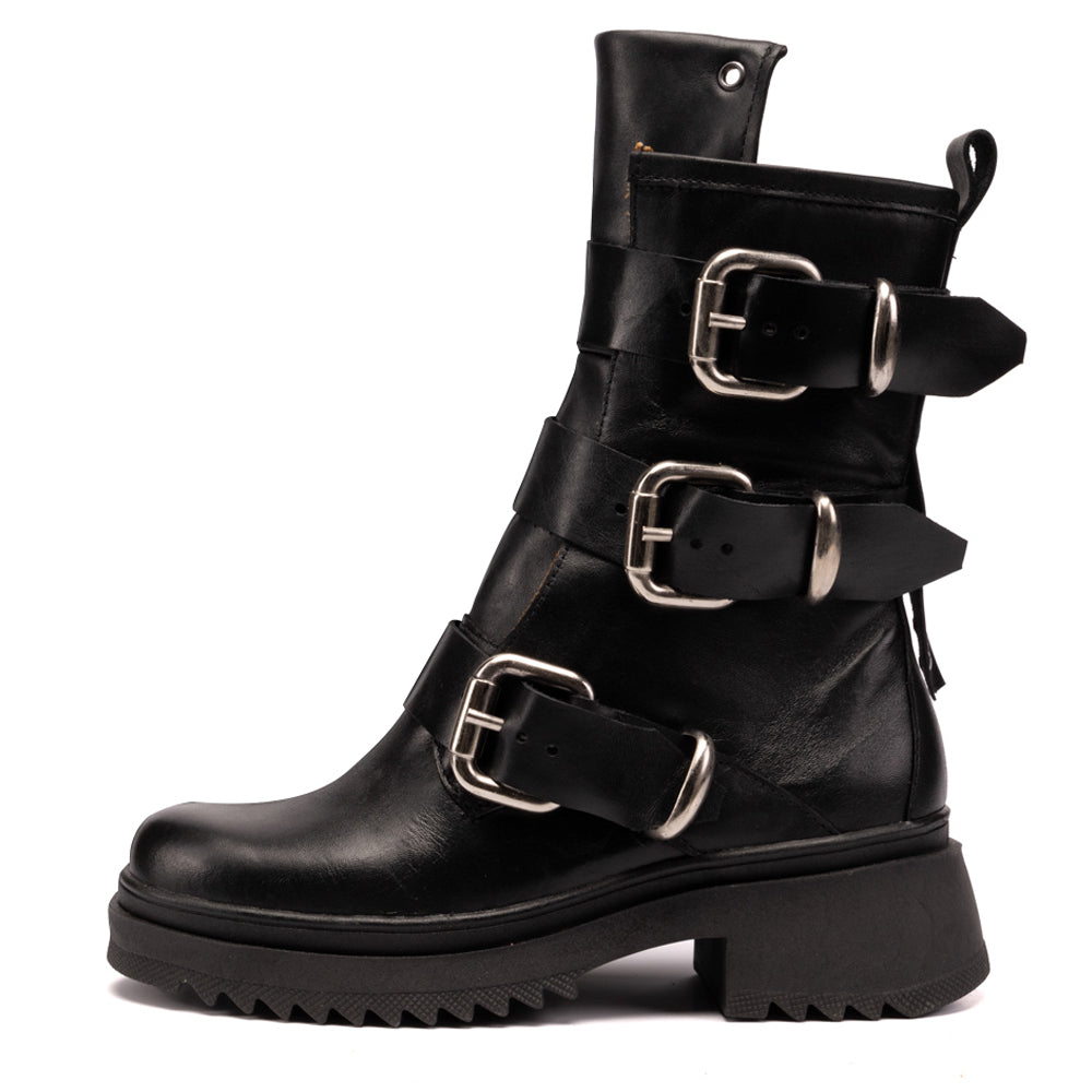 Black Lauren Buckle Leather Combat Boots