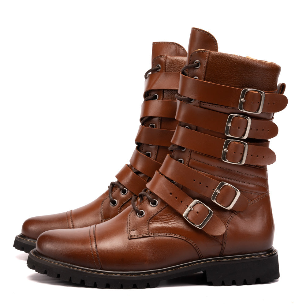 Cognac Corky Leather Buckle Boots