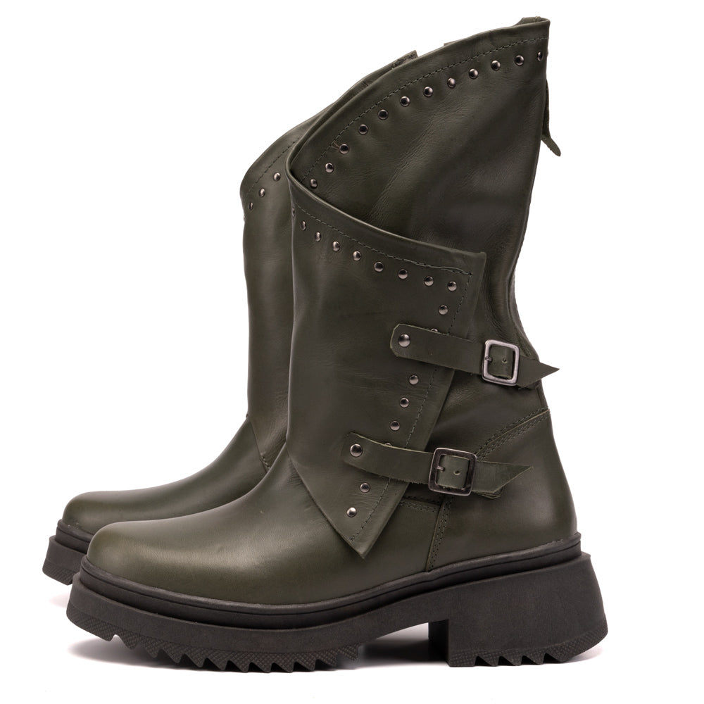 Olive Juliette Studded Leather Biker Boots
