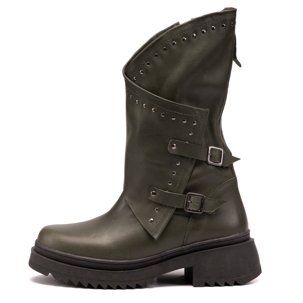 Olive Juliette Studded Leather Biker Boots