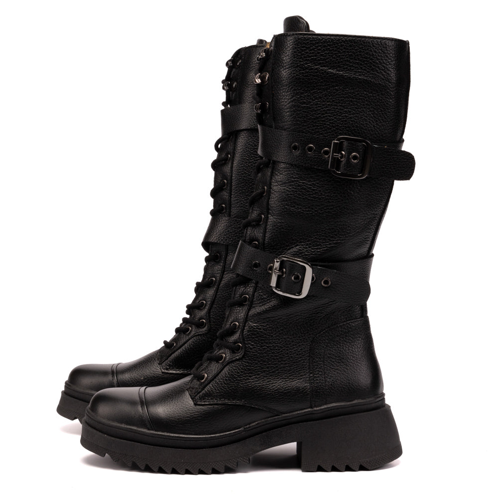 Black Tracy Leather Tall Combat Boots