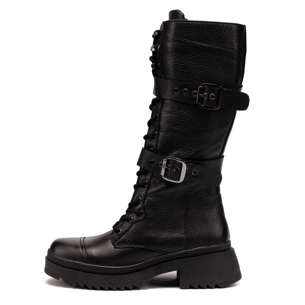 Black Tracy Leather Tall Combat Boots