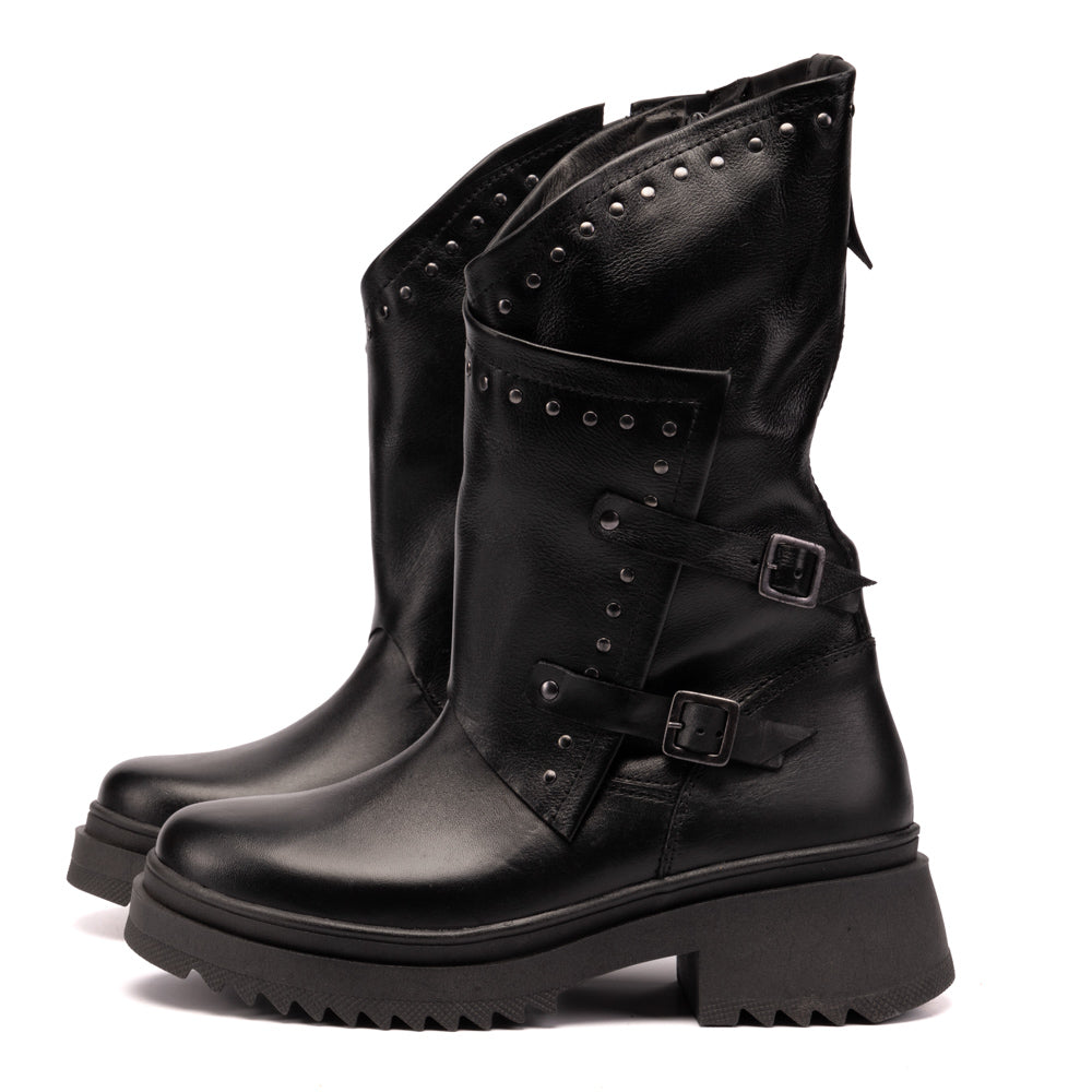 Black Juliette Studded Leather Biker Boots