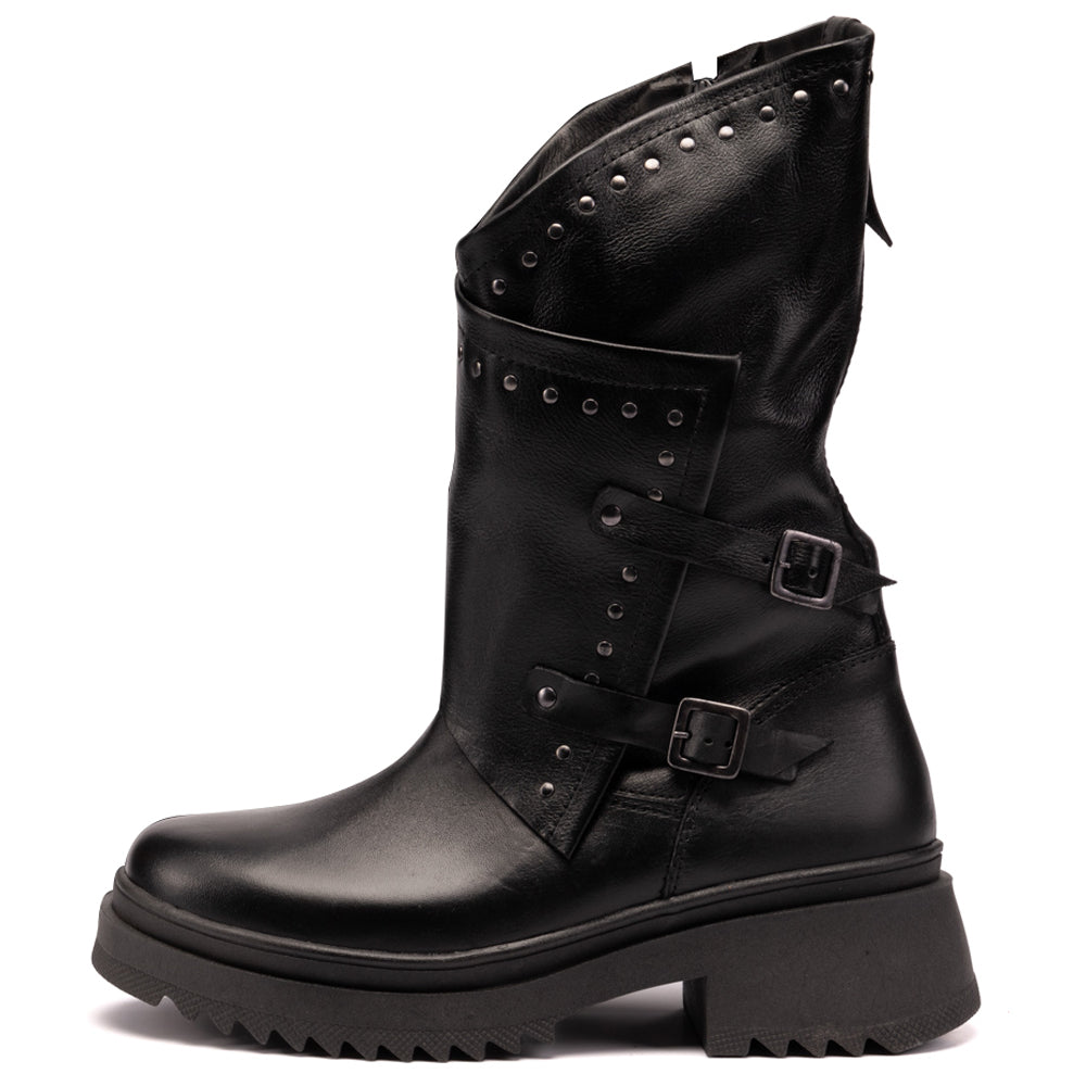 Black Juliette Studded Leather Biker Boots