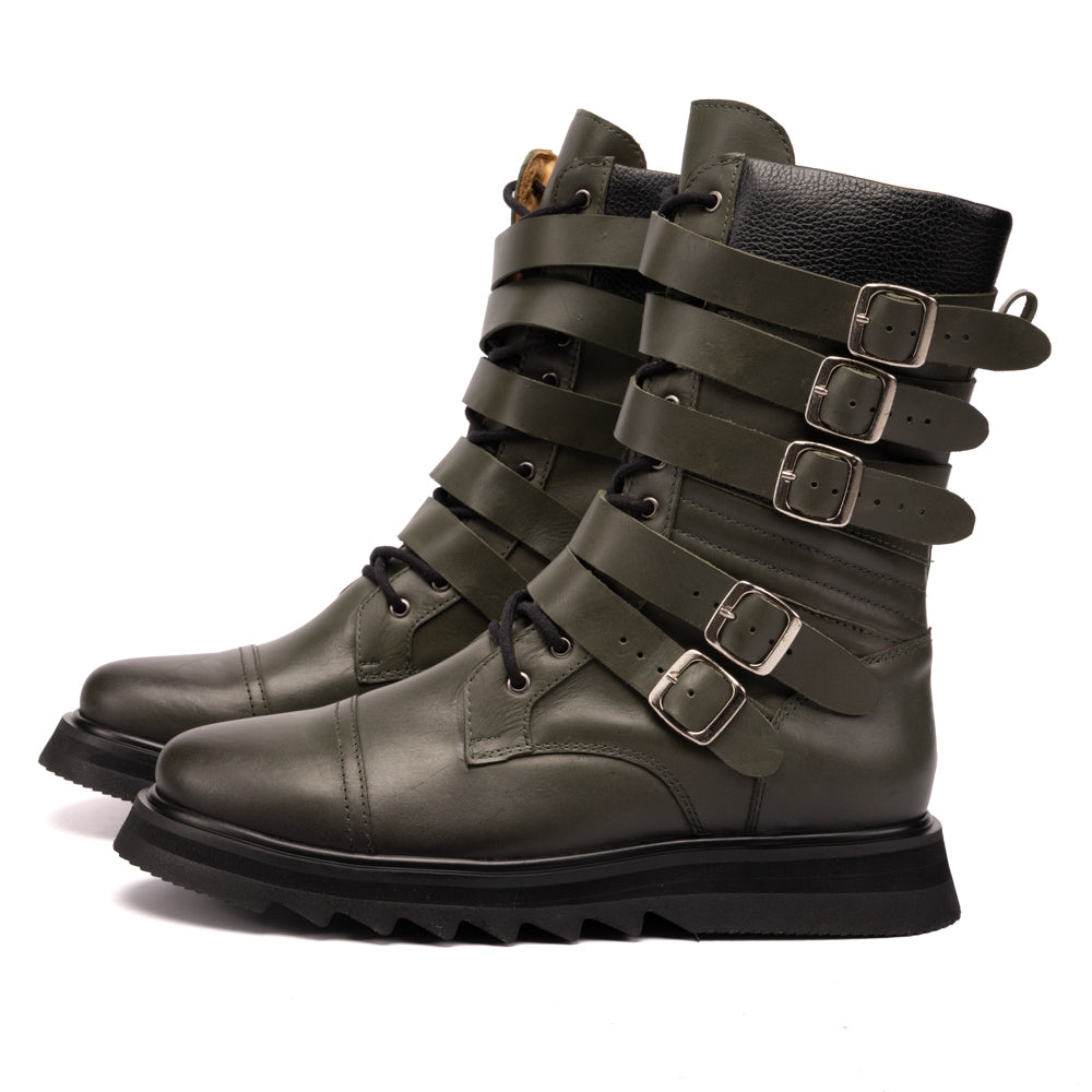 Olive Benny Leather Buckle Boots