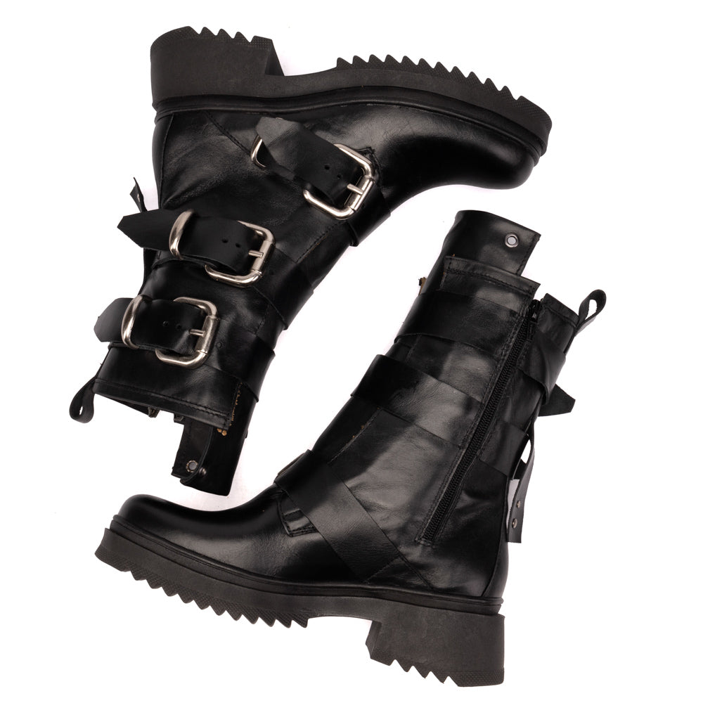 Black Lauren Buckle Leather Combat Boots