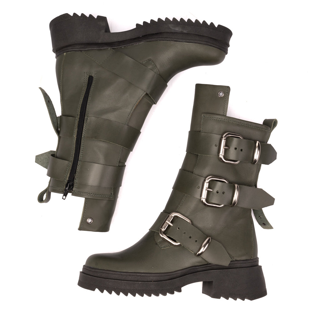 Olive Lauren Buckle Leather Combat Boots