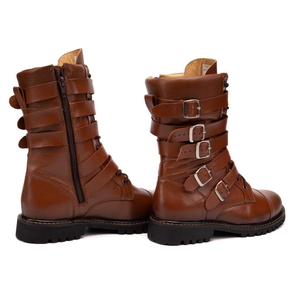 Cognac Corky Leather Buckle Boots