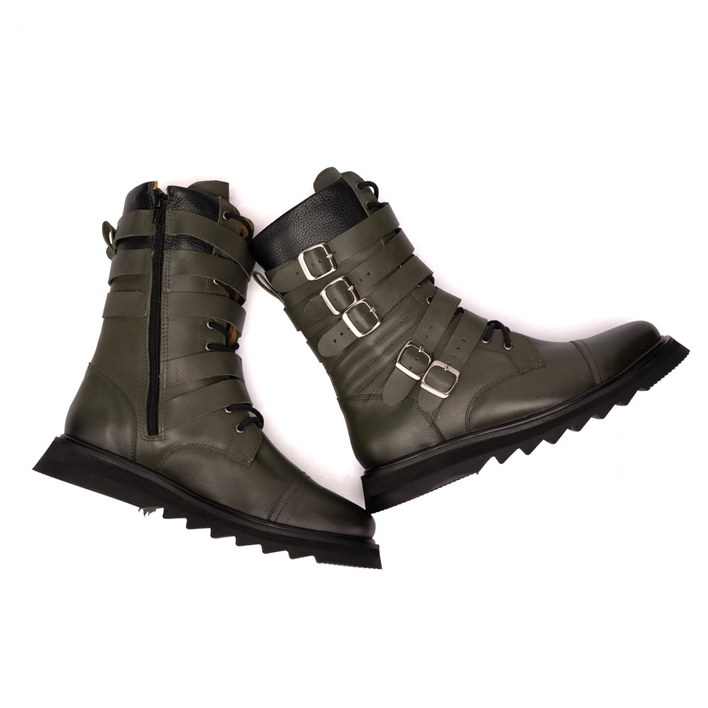 Olive Benny Leather Buckle Boots