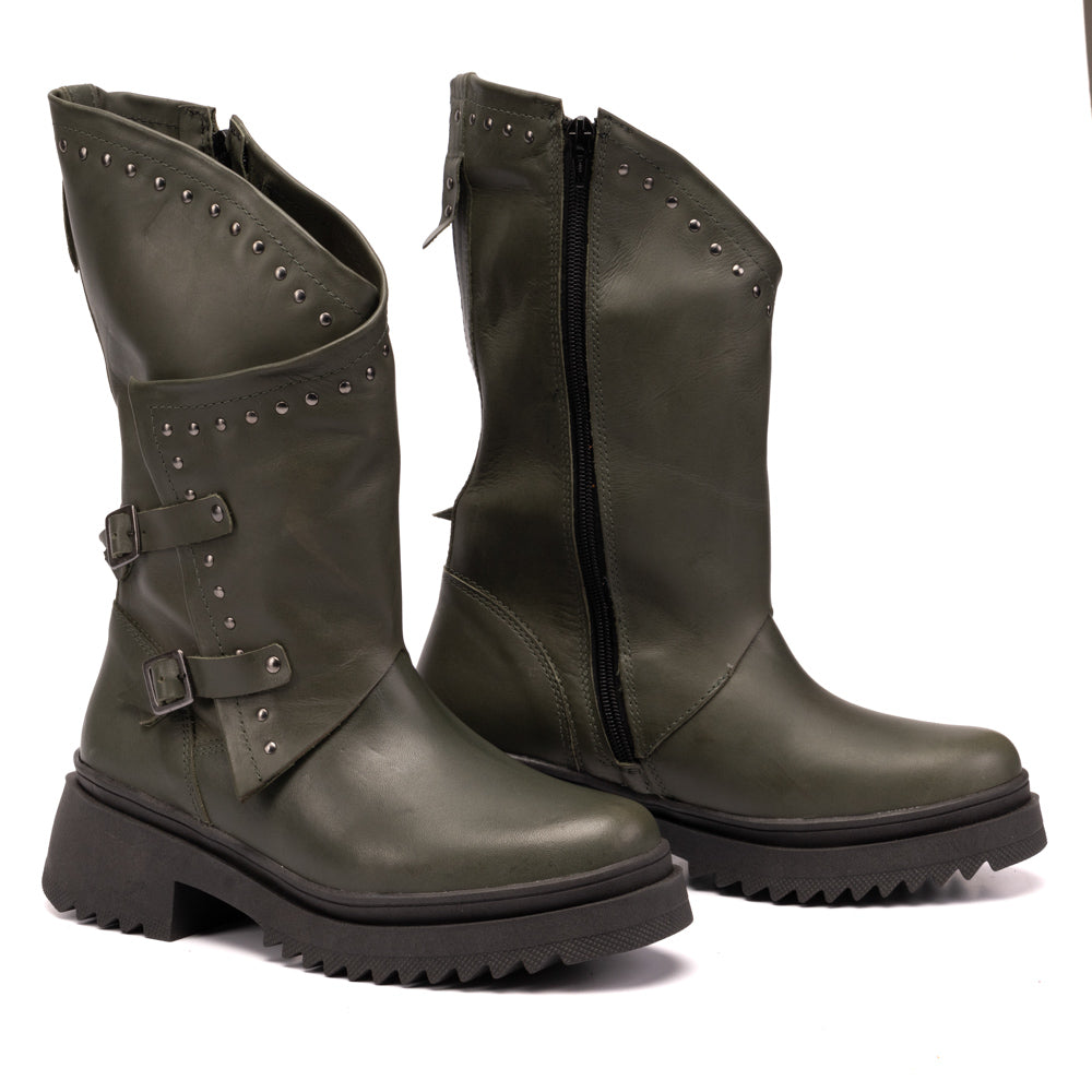 Olive Juliette Studded Leather Biker Boots