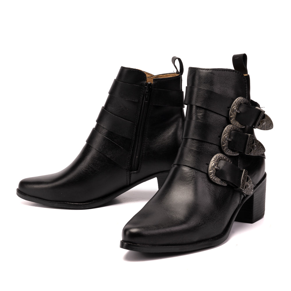Black Mika Leather Western Buckle Boots