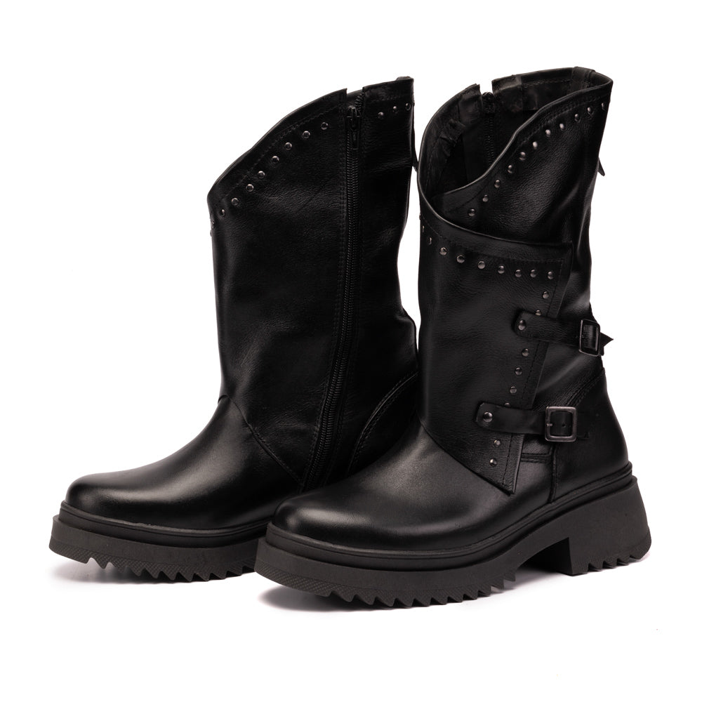Black Juliette Studded Leather Biker Boots