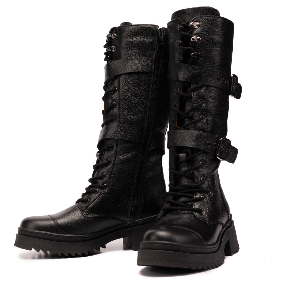 Black Tracy Leather Tall Combat Boots