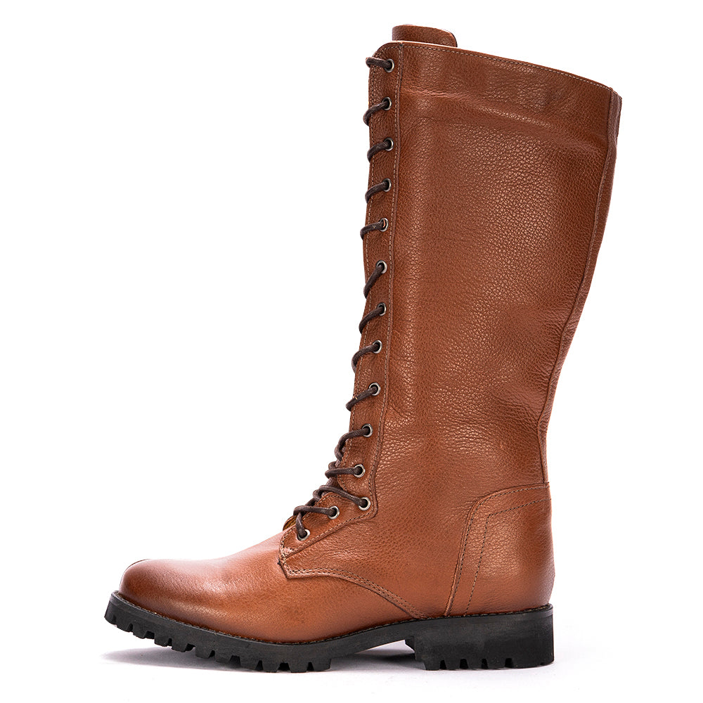 Cognac Khora Leather Lace-Up Knee High Boots
