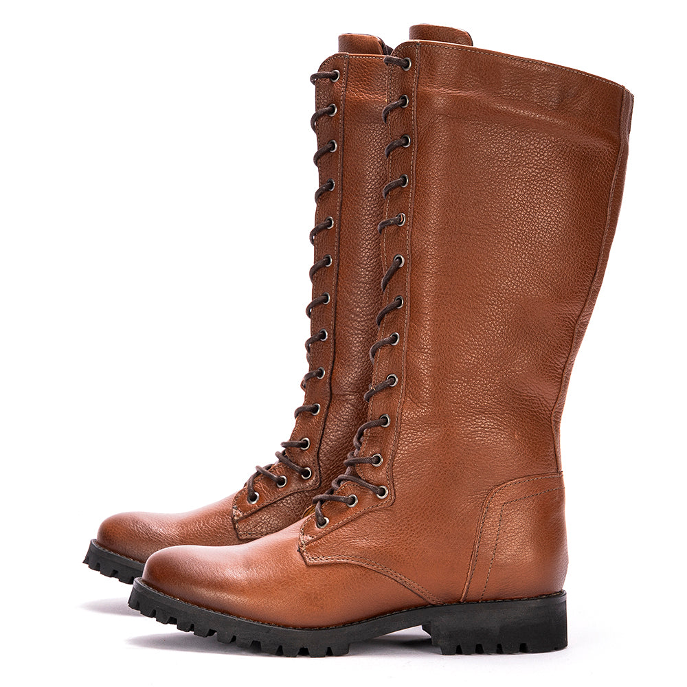 Cognac Khora Leather Lace-Up Knee High Boots