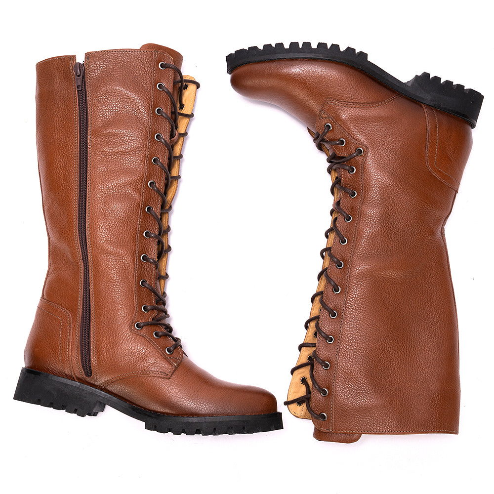 Cognac Khora Leather Lace-Up Knee High Boots