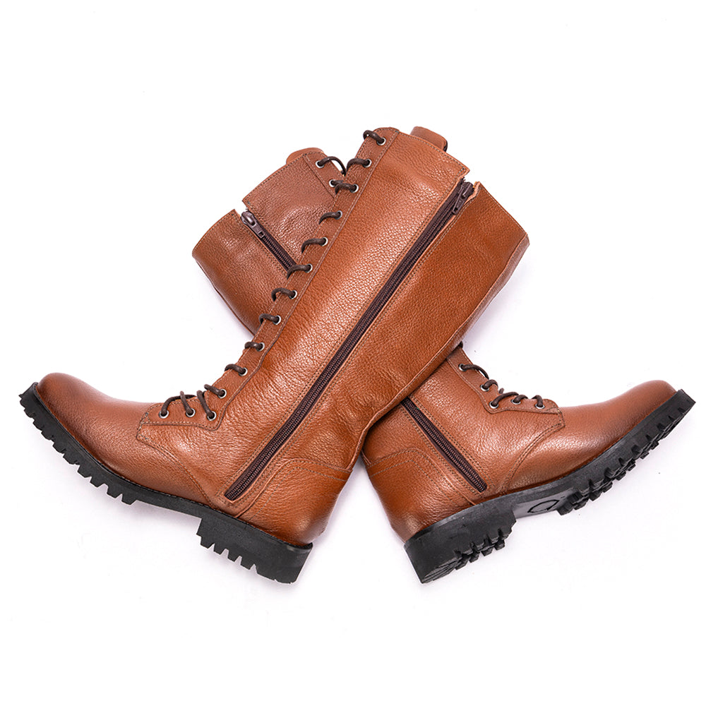 Cognac Khora Leather Lace-Up Knee High Boots