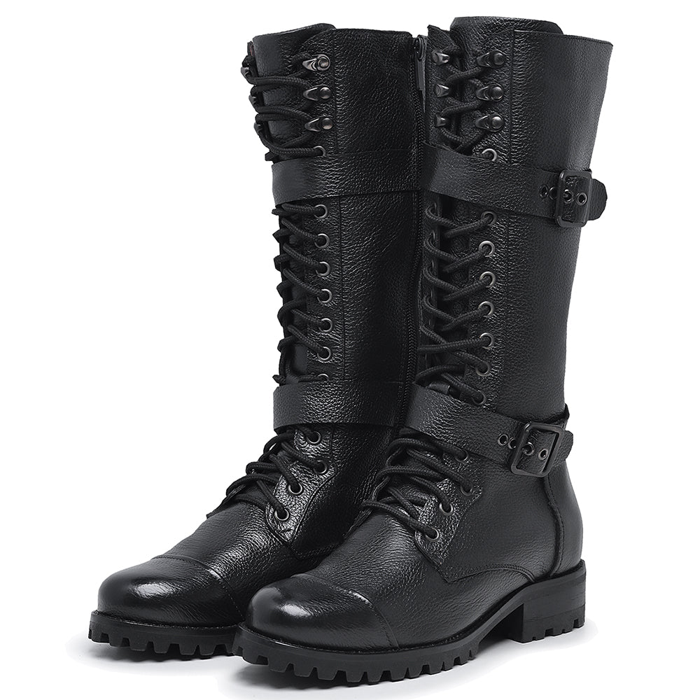 Black Megie Leather Lace-Up Knee High Boots
