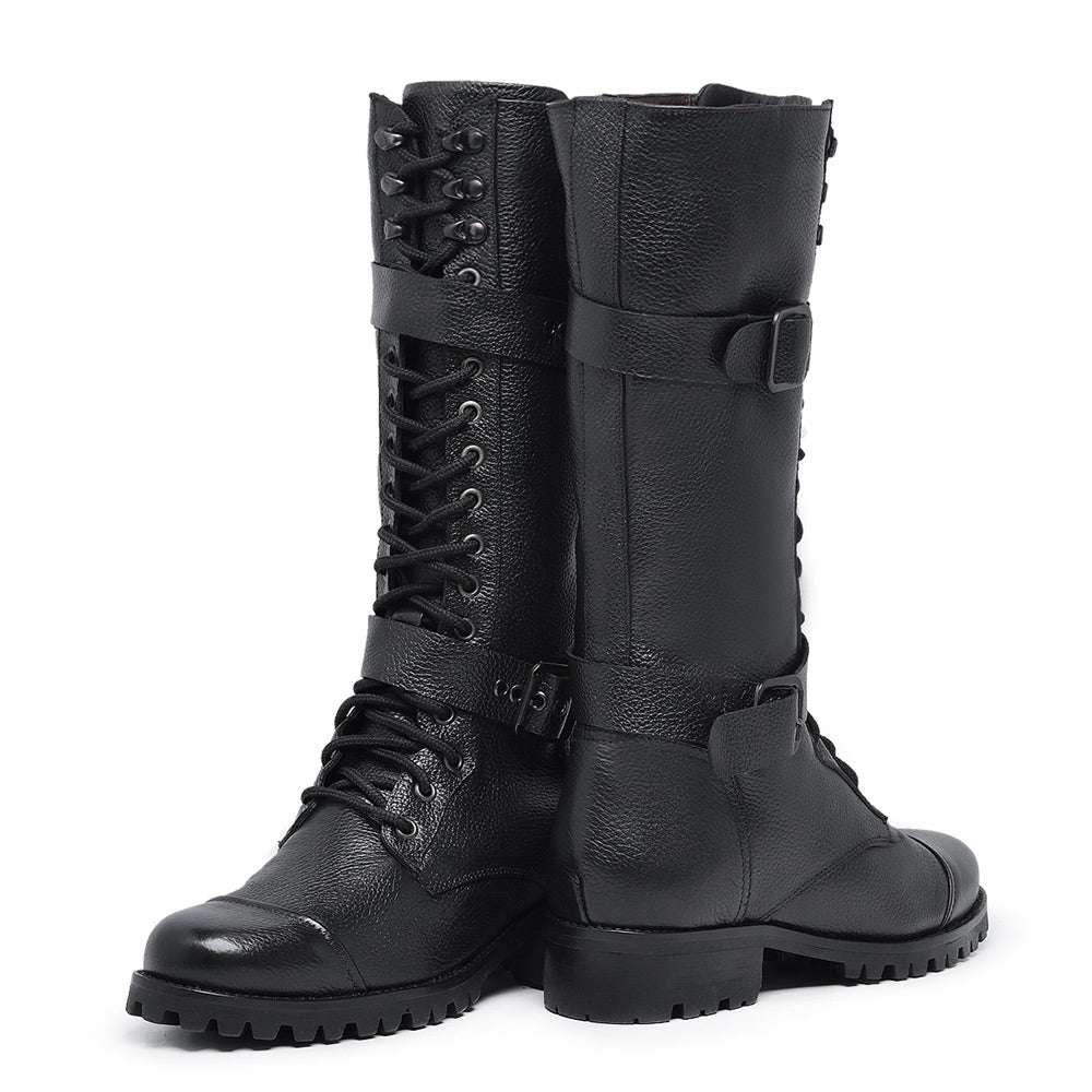 Black Megie Leather Lace-Up Knee High Boots