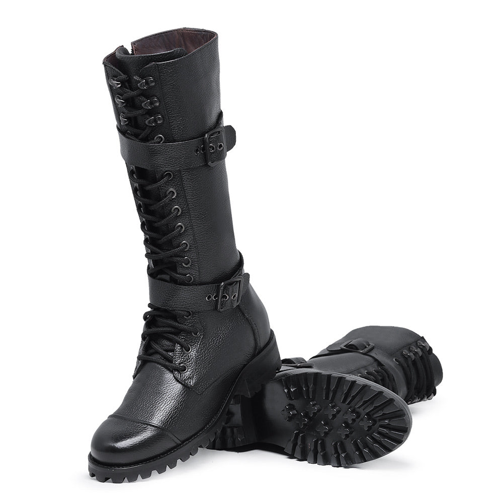 Black Megie Leather Lace-Up Knee High Boots