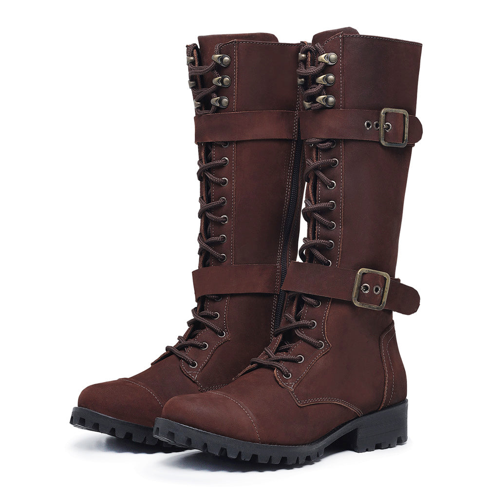 Chestnut Megie Leather Lace-Up Knee High Boots