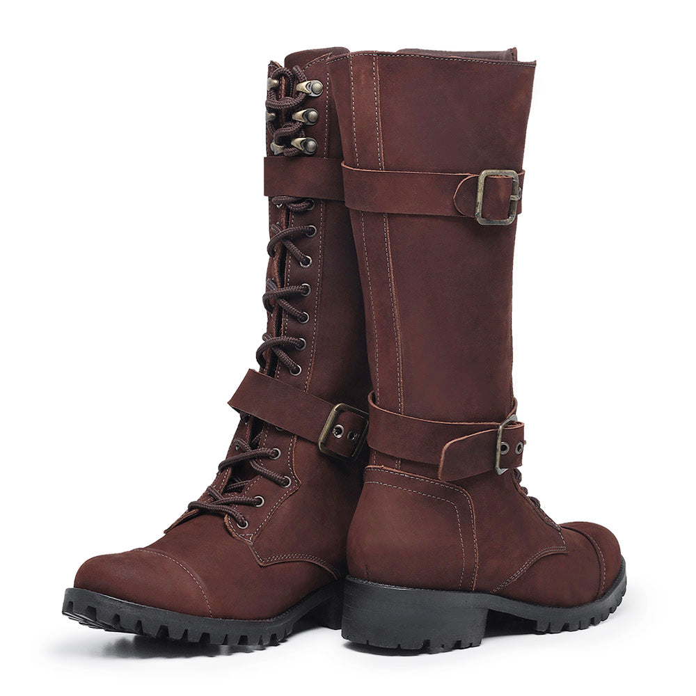 Chestnut Megie Leather Lace-Up Knee High Boots