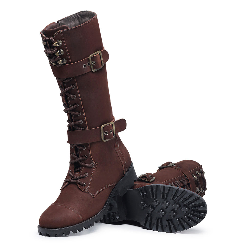 Chestnut Megie Leather Lace-Up Knee High Boots