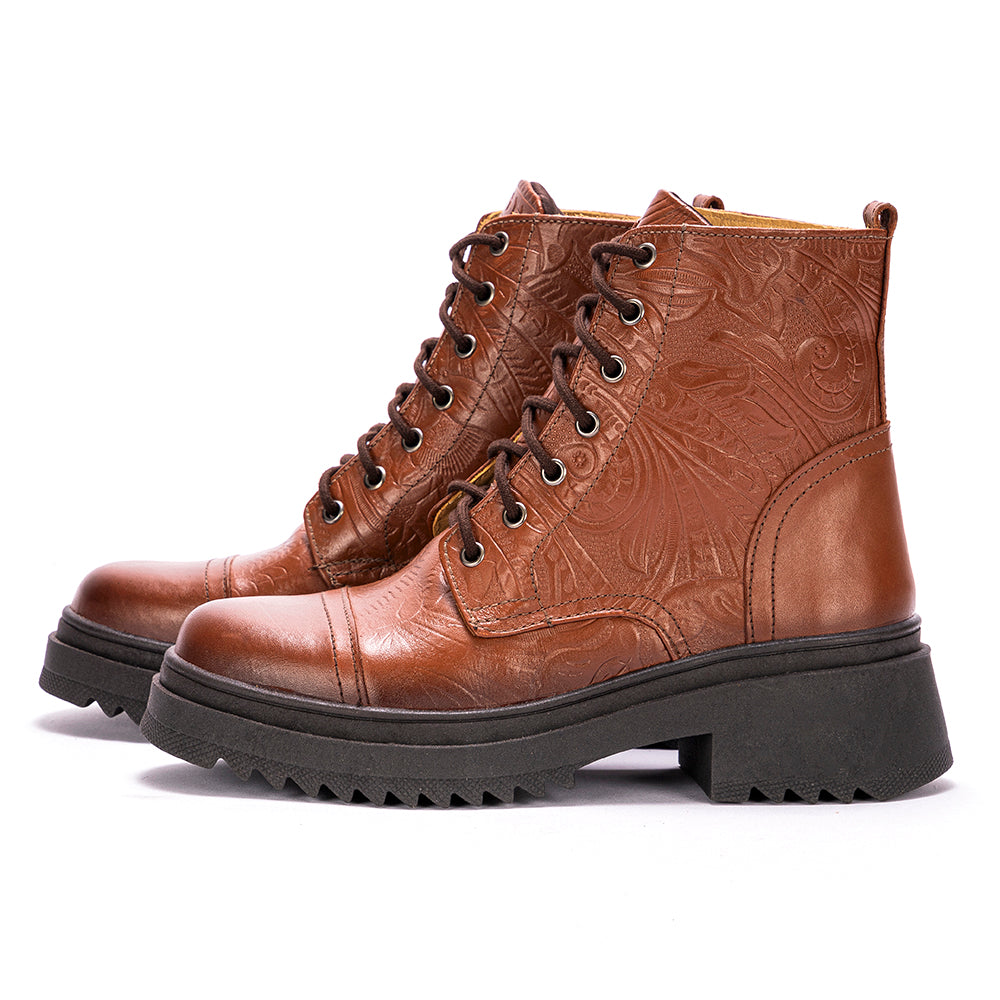 Cognac Teresa Embossed Leather Combat Boots
