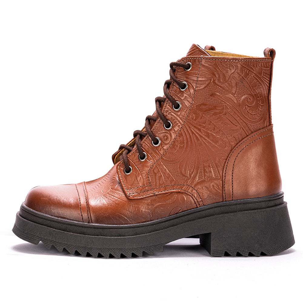 Cognac Teresa Embossed Leather Combat Boots