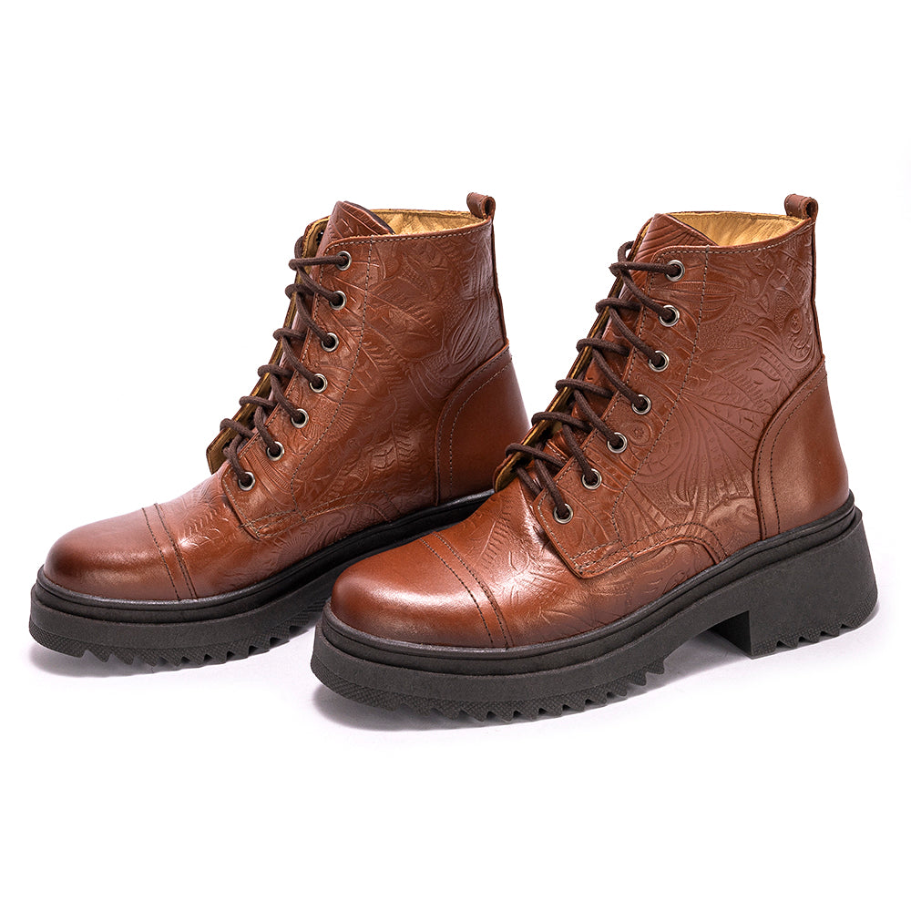 Cognac Teresa Embossed Leather Combat Boots