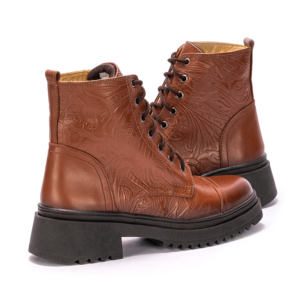 Cognac Teresa Embossed Leather Combat Boots
