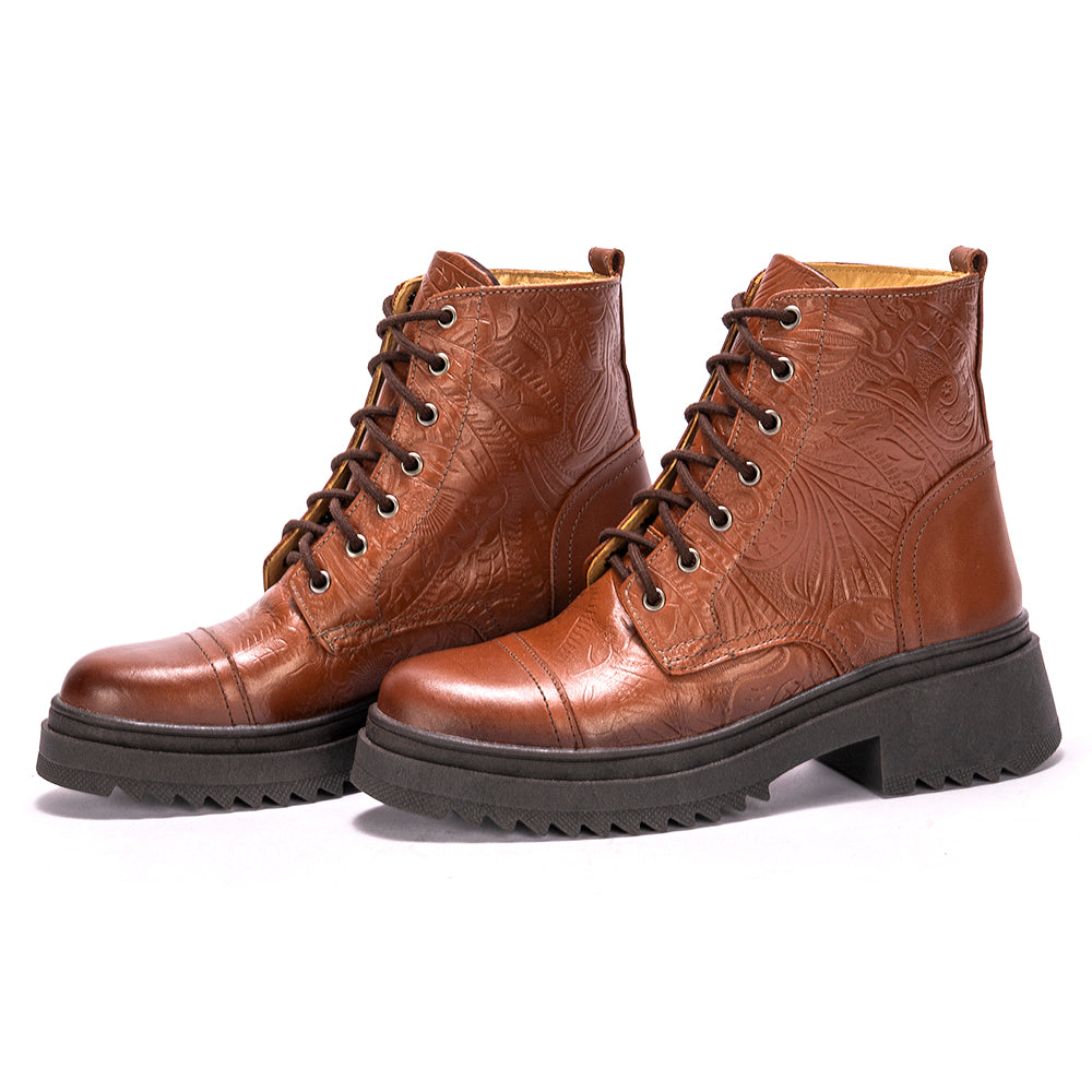 Cognac Teresa Embossed Leather Combat Boots