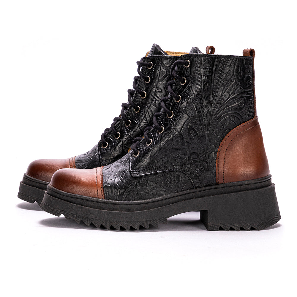Black Teresa Embossed Leather Combat Boots