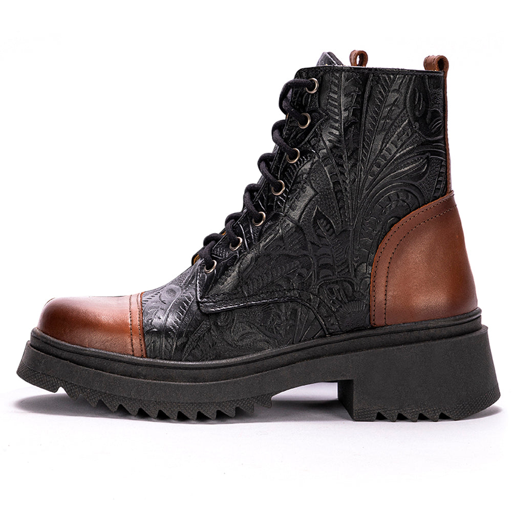 Black Teresa Embossed Leather Combat Boots