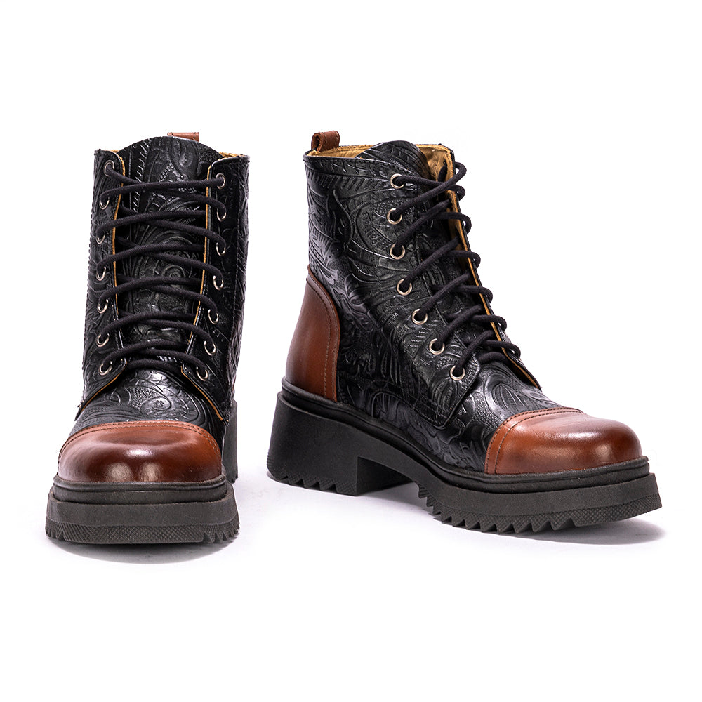 Black Teresa Embossed Leather Combat Boots