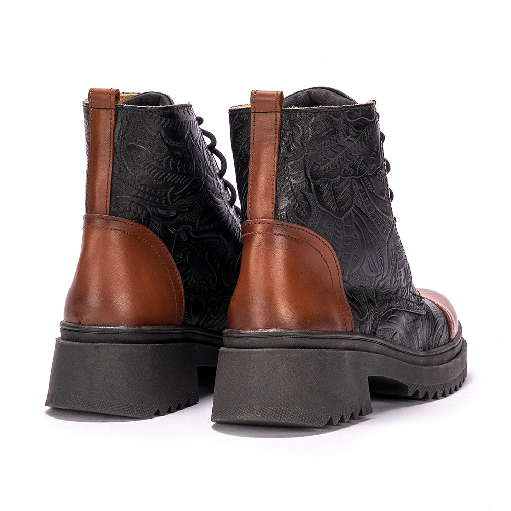 Black Teresa Embossed Leather Combat Boots