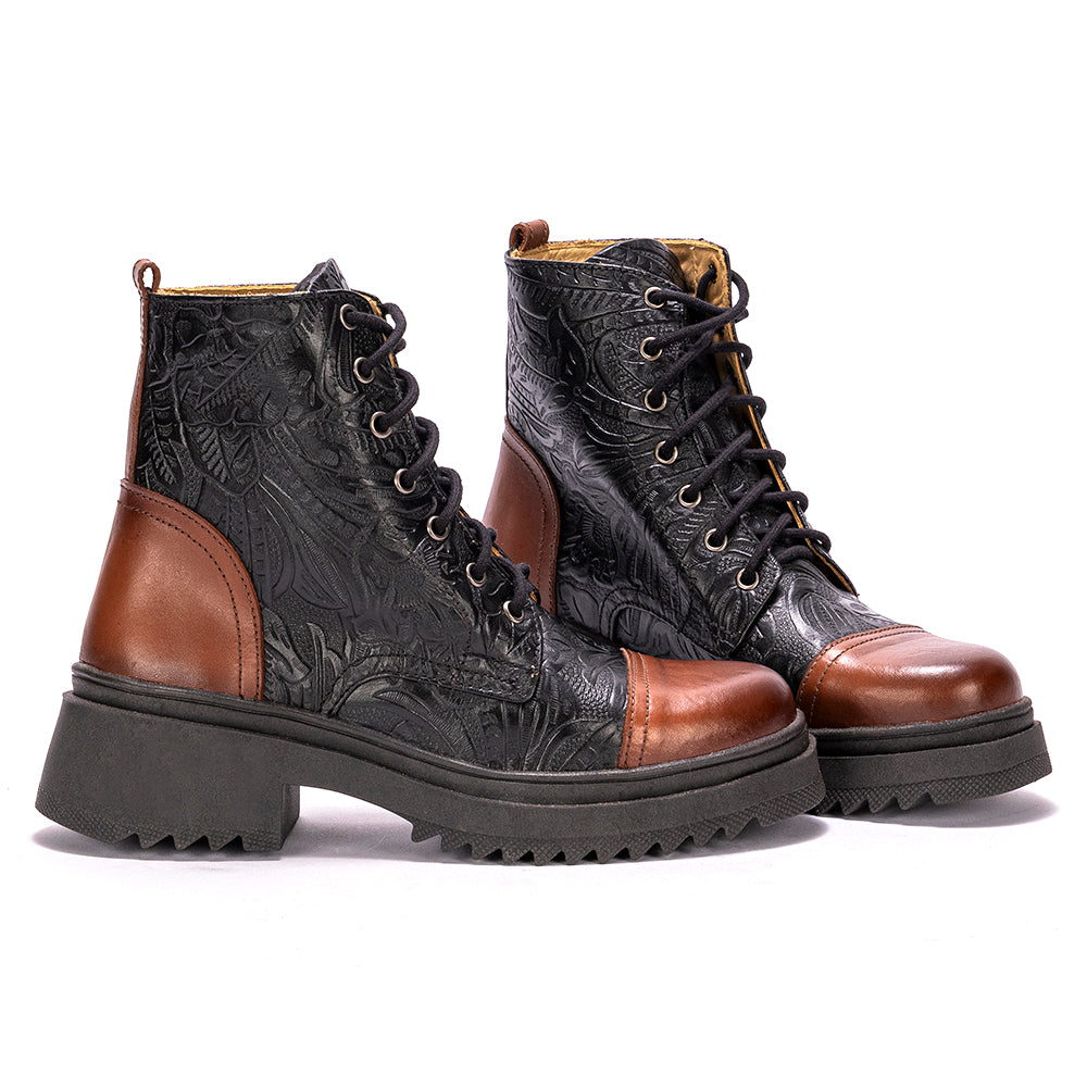 Black Teresa Embossed Leather Combat Boots