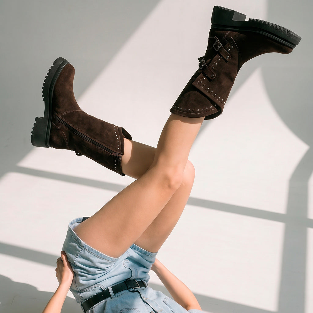 Espresso Juliette Studded Suede Biker Boots